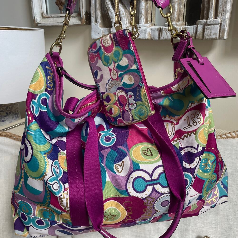 COACH Poppy Graffiti Overnight Weekender Bag + Wristlet +Luggage Tag NWOT